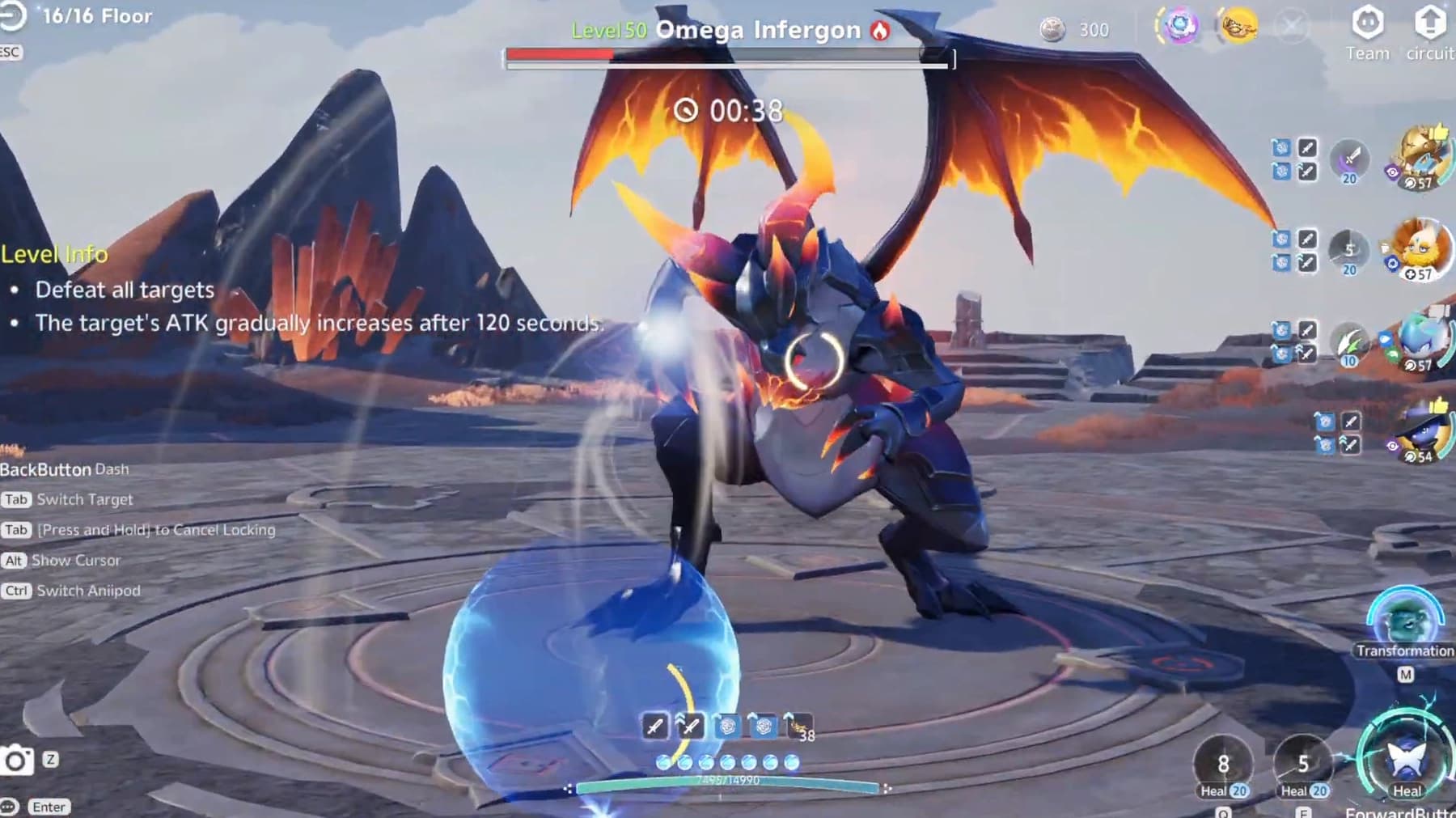 The final floor of a Holo-Battle Sim against a level 50 Omega Infergon with a damage ramp warning on screen