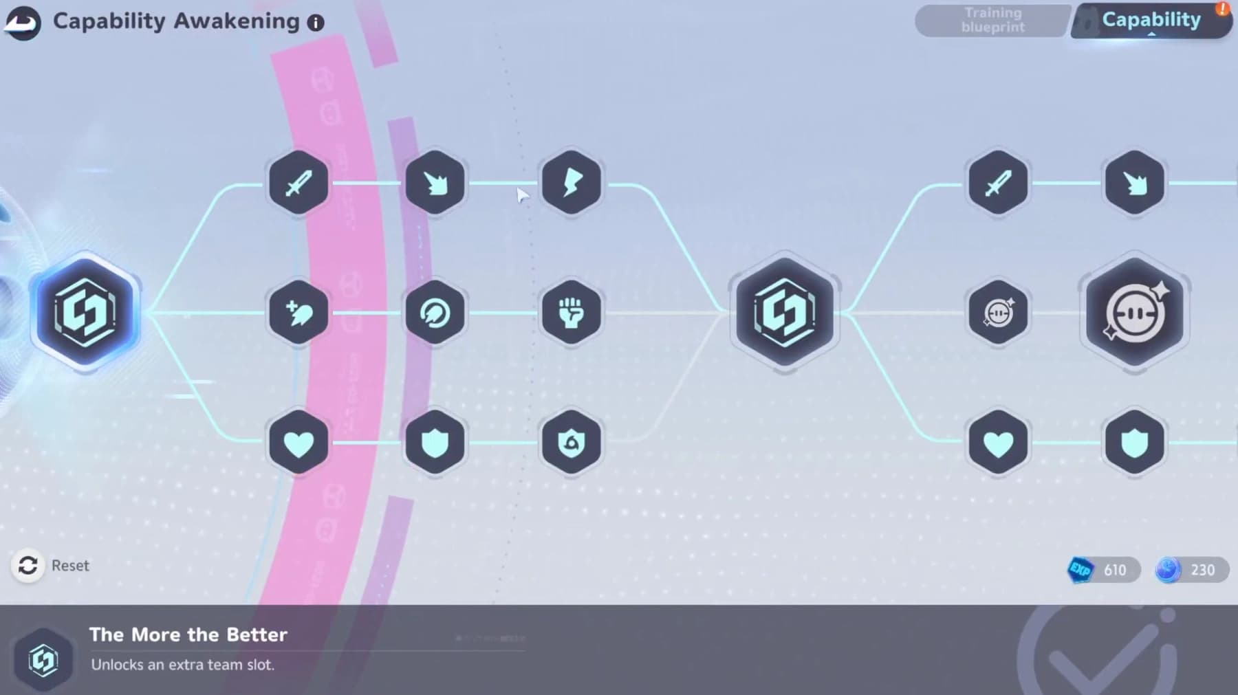 Holo-Battle capability mastery tree with branching combat, healing and defense nodes