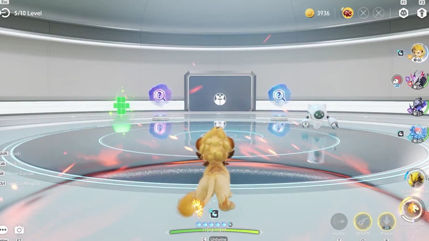 Holo-Battle route room with a healing portal, two mystery portals and the next-floor door