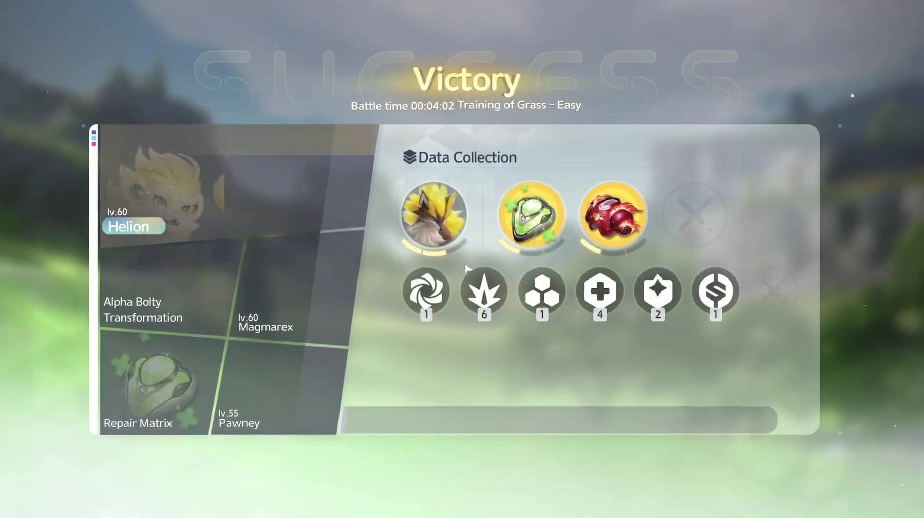Holo-Battle victory summary showing the team, Alpha transformation, core items and gizmo family counts
