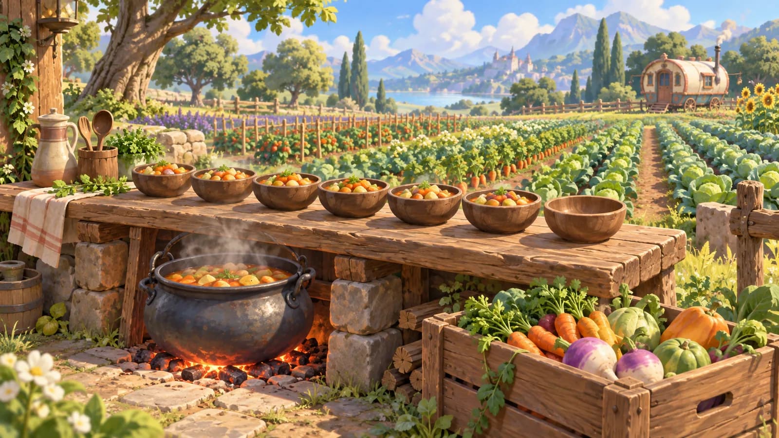 An open-air kitchen bench with a stew pot, a row of filled bowls and one empty bowl beside a crop field
