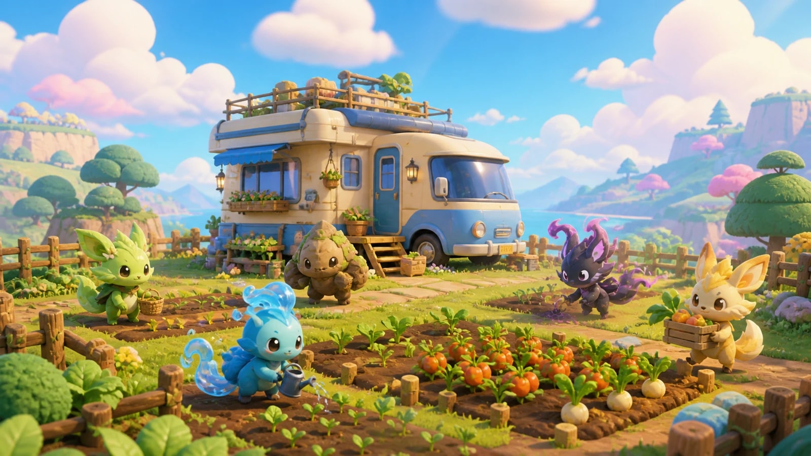 Cheerful Home with an RV, tidy crop plots and original elemental helpers planting, watering, harvesting and carrying produce