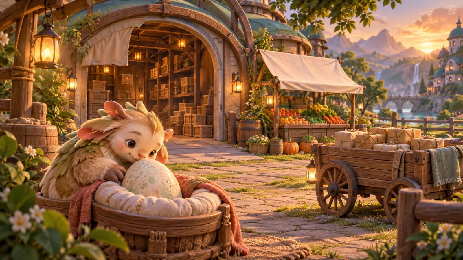 An RV park corner at golden hour with an open warehouse door, a produce stall, a parked delivery cart and a small creature leaning over an egg in a cradle