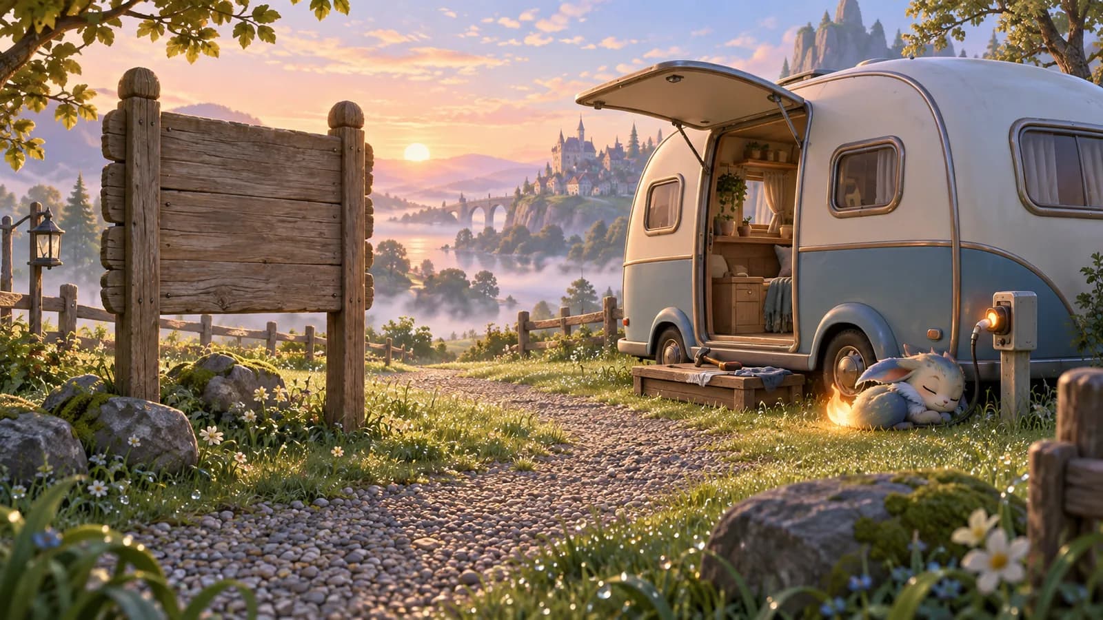 A wooden park board beside an unlit RV at morning with a small fire-tailed creature curled at its power coupling