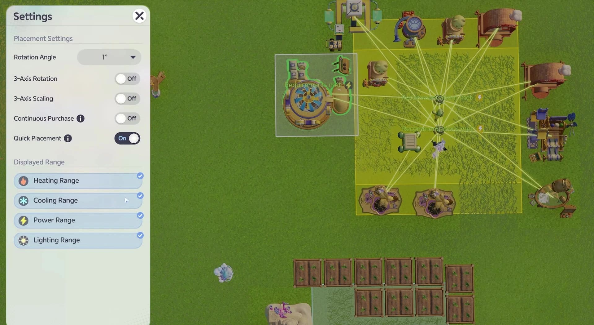 Build settings showing rotation controls and heating, cooling, power and lighting range overlays