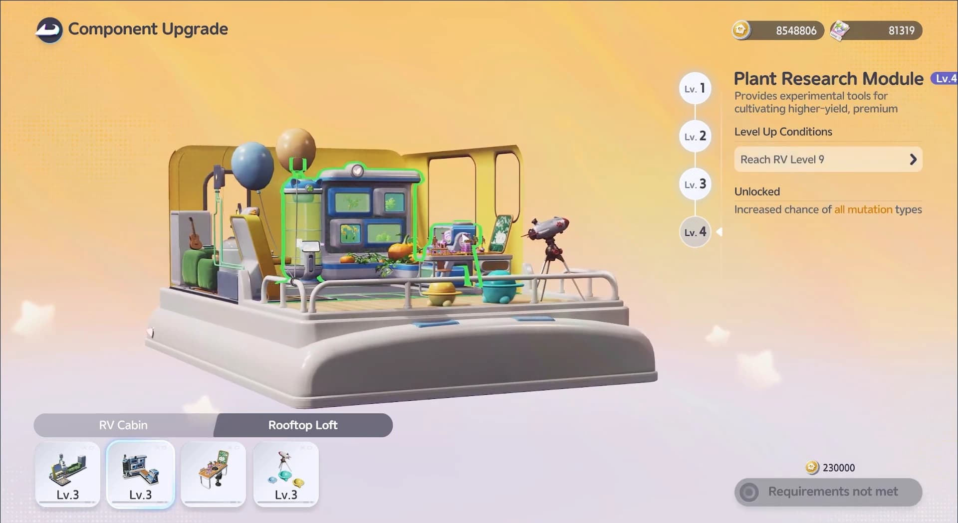 The RV component upgrade screen with a module whose next level is gated behind reaching RV Level 9