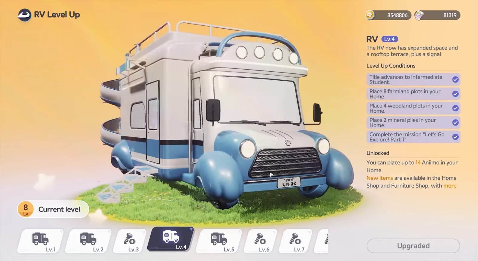 RV Level Up screen with the RV on grass beside its level-up conditions and the unlocks the level grants