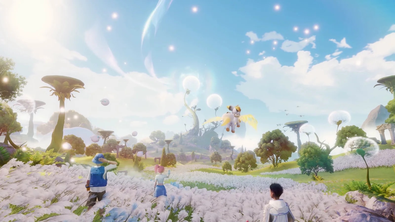Three Pathfinders crossing a white flower plain in Idyll under drifting seed pods and a winged Aniimo