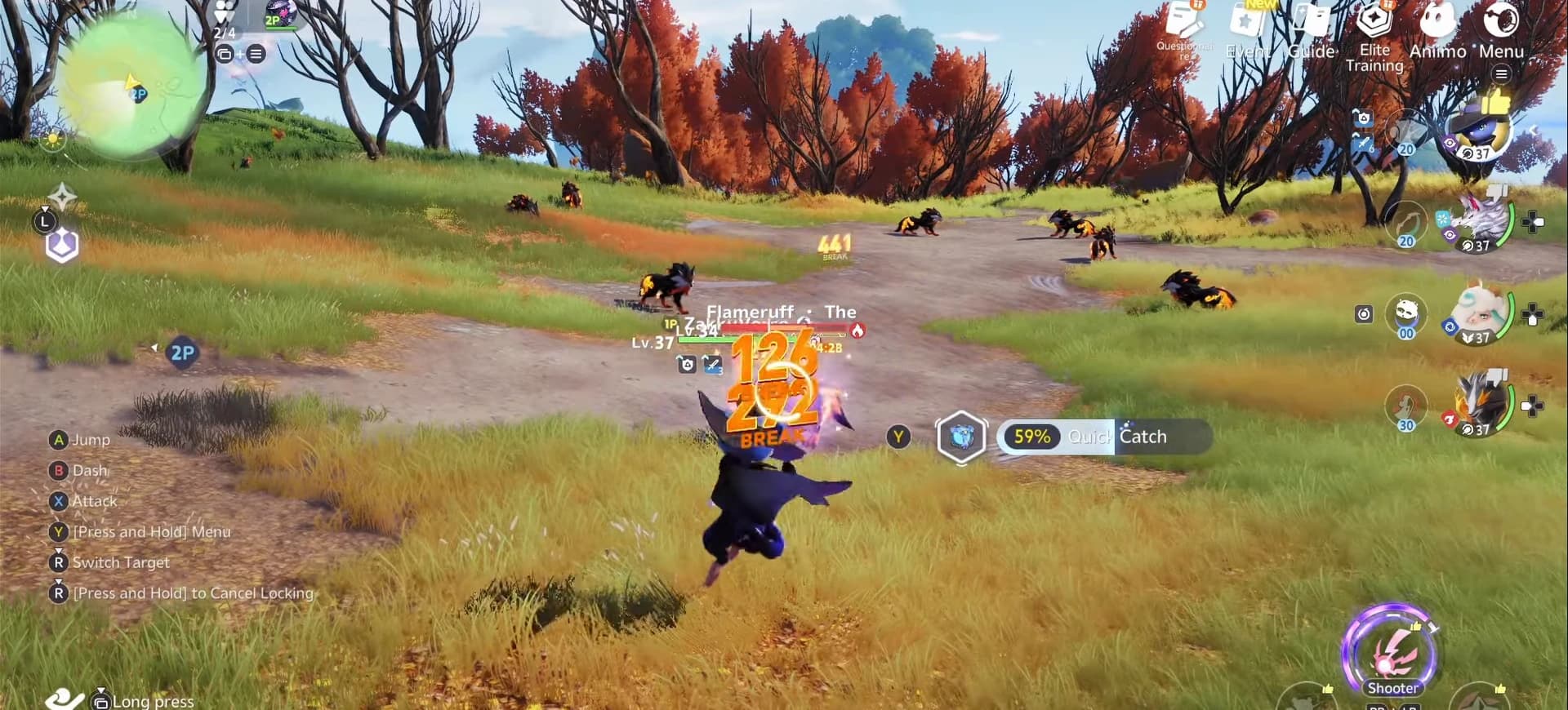 Flameruff pack roaming a ridge of rust-coloured trees with a break counter and a quick catch meter on screen