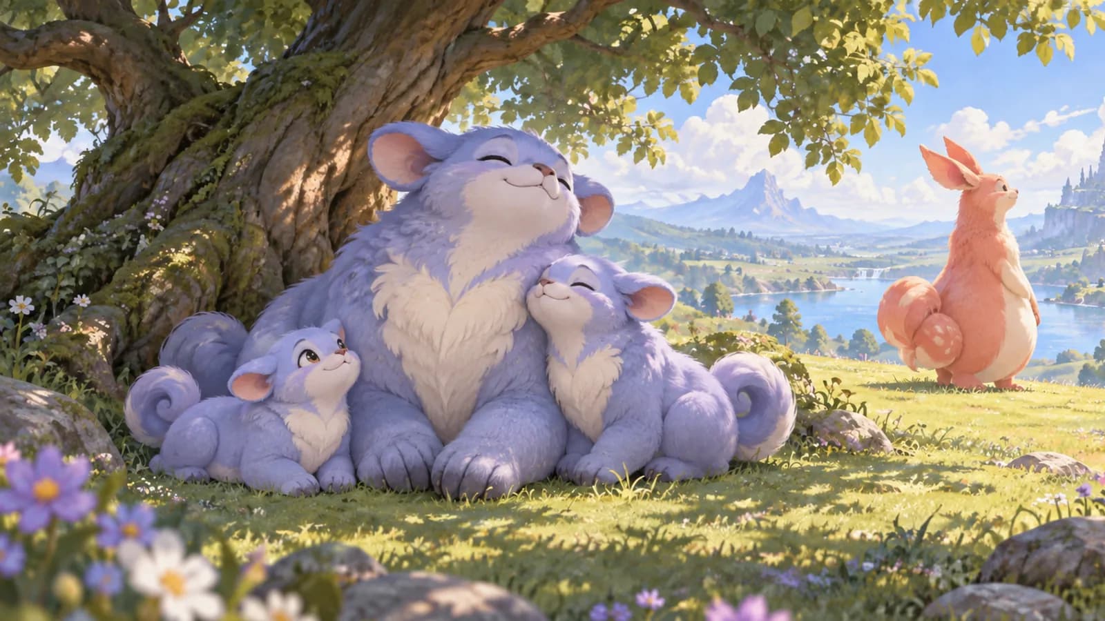 Three creatures of different ages resting under one broad tree, similar in build and marking, with a fourth different creature standing outside the shade