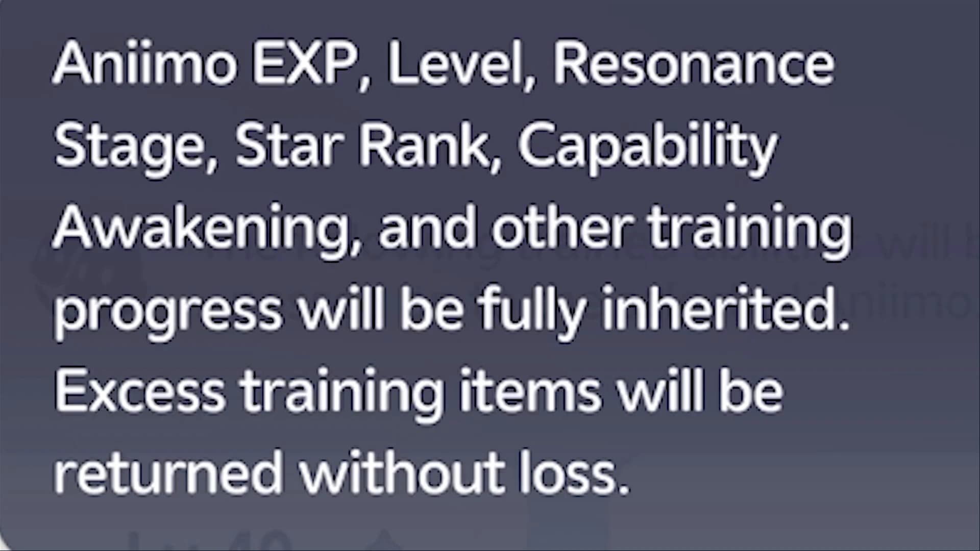 Inheritance help text listing EXP, level, Resonance stage, star rank and Capability Awakening as transferred progress, with excess items returned
