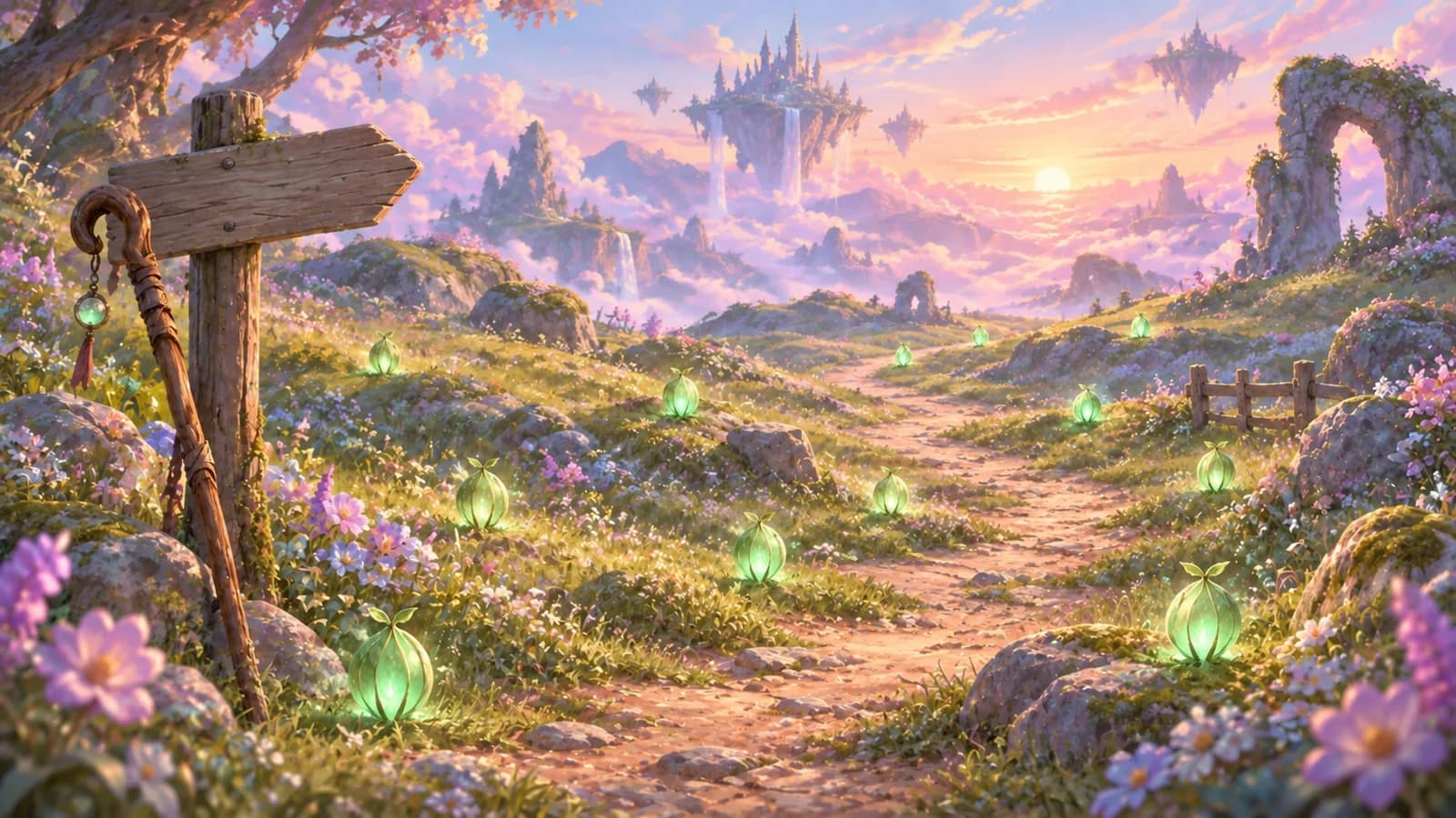 A wide meadow path at first light with a dozen small glowing seed-cases scattered far apart along it and a worn walking staff leaning on a signpost