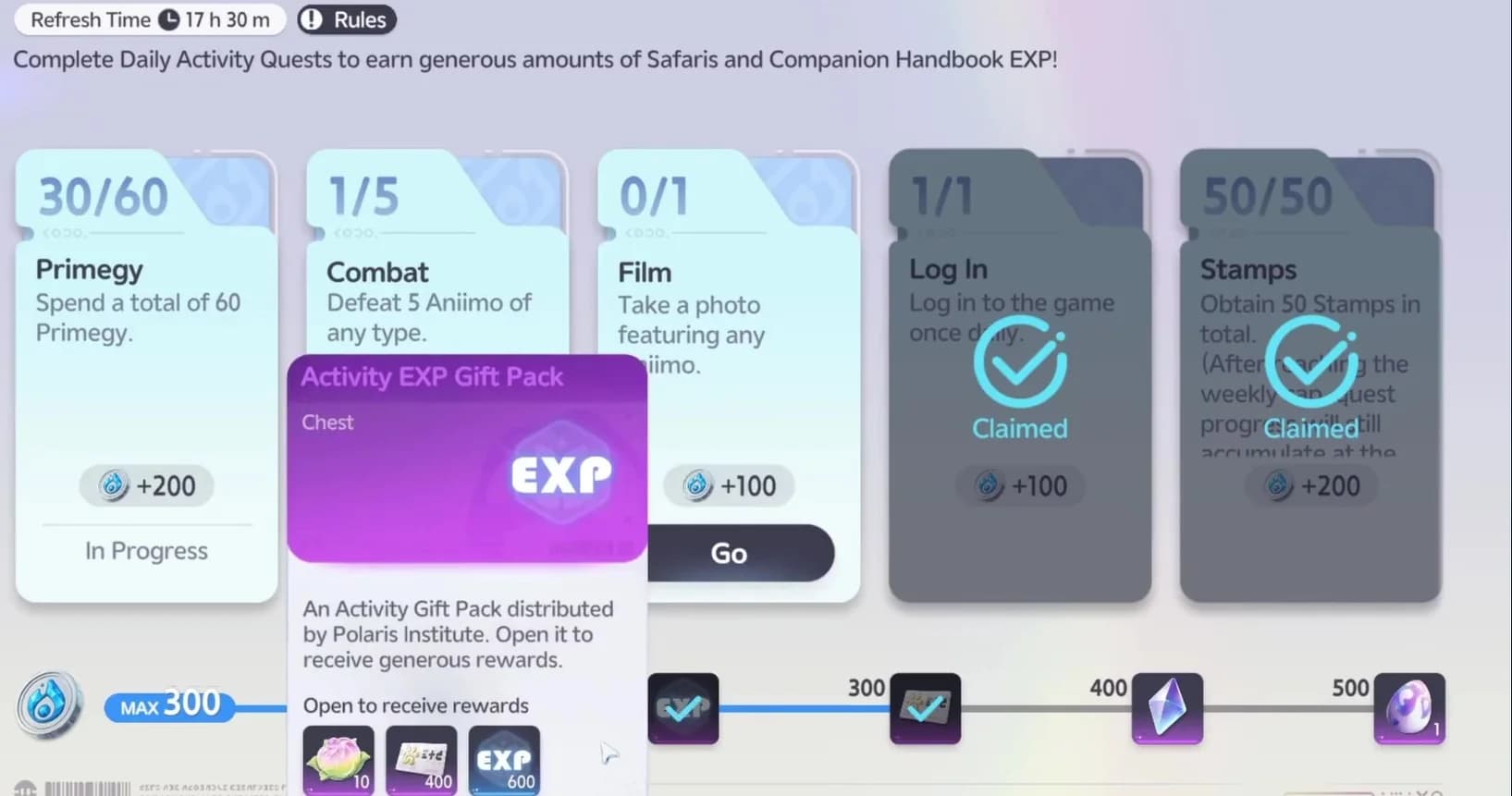 Institute Guide panel with the Primegy, Combat, Film, Log In and Stamps daily quests and their Safaris rewards