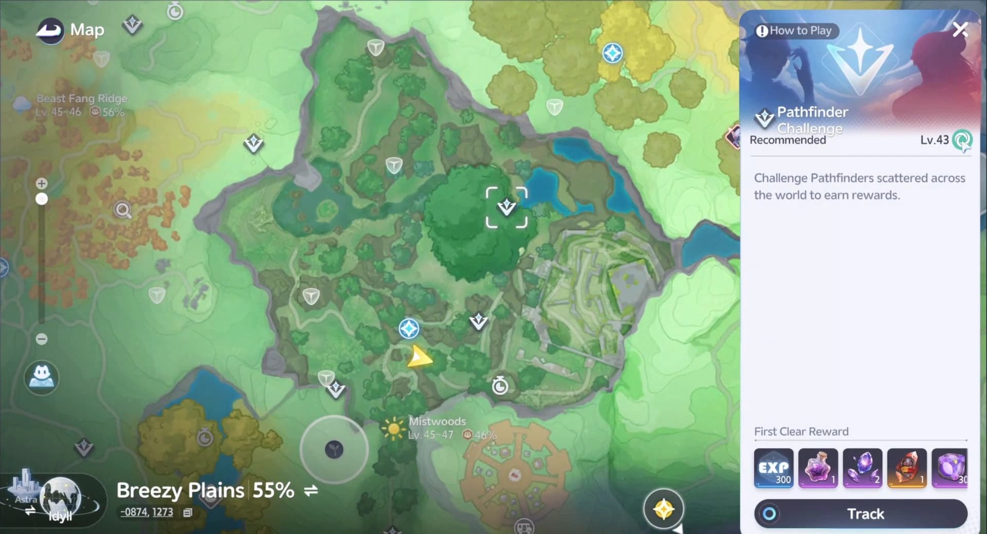 Aniimo atlas with a Pathfinder Challenge marker selected showing a recommended level and a first clear reward row