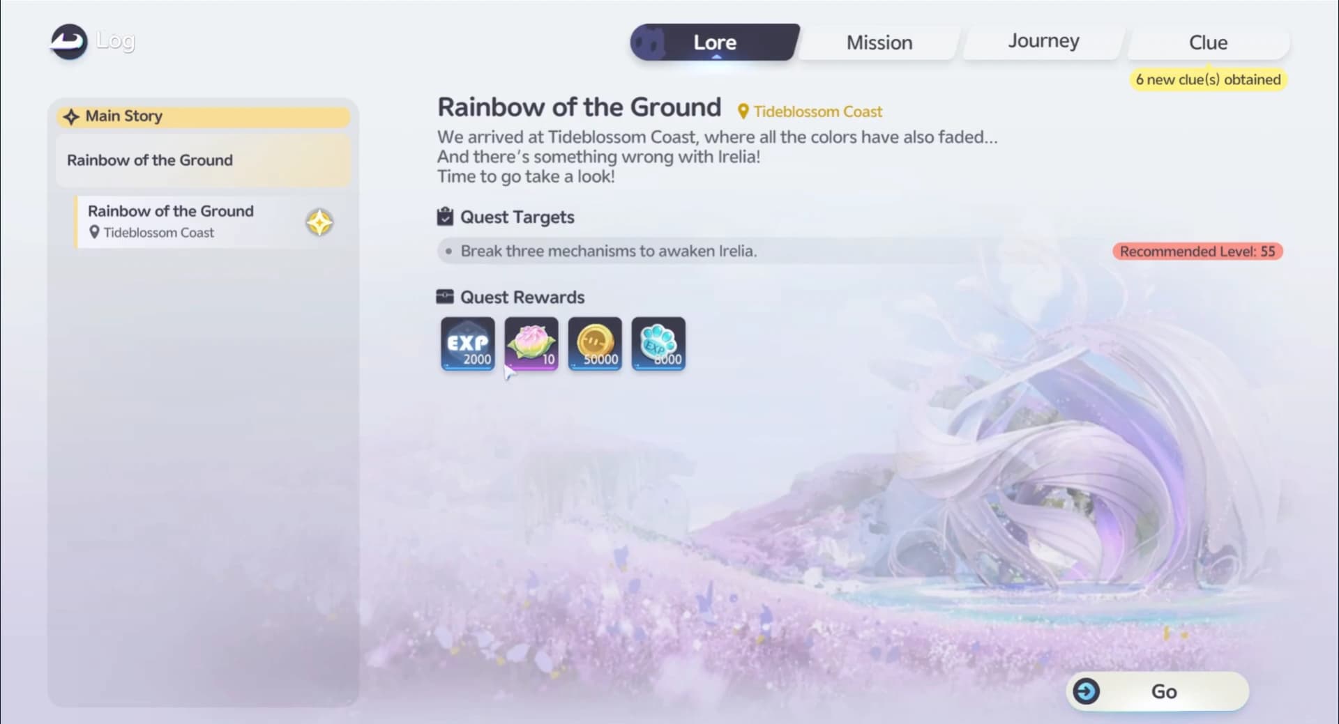 Aniimo Log open on the Lore tab showing the Main Story entry Rainbow of the Ground with its objective and four reward tiles