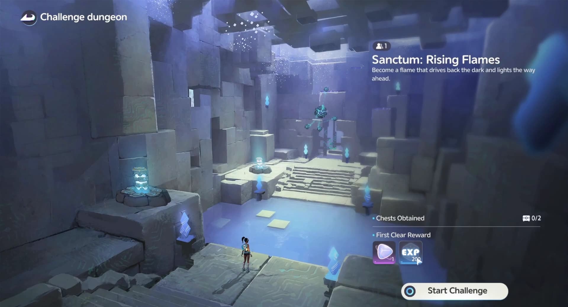 The Sanctum: Rising Flames challenge screen showing its first-clear reward, the same milestone the First Sanctum Foray achievement tracks
