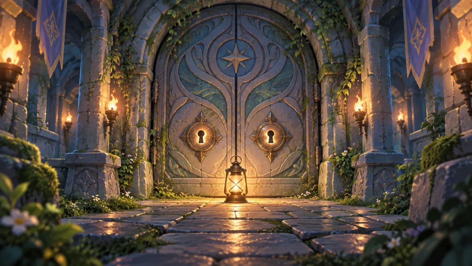 A stone door at the end of a mossy corridor with two worn keyholes set a body width apart and a lit lantern on the ground between them