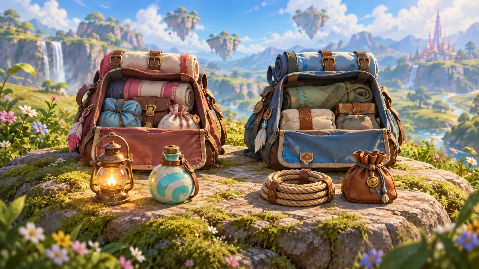 Two travel packs laid open on a flat rock with the first two items of each set out in a line in front and the rest rolled and strapped inside