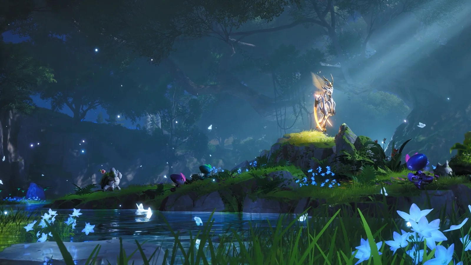 A gold winged Aniimo glows on a mossy bank at night while blue blooms light the water and the grass around it