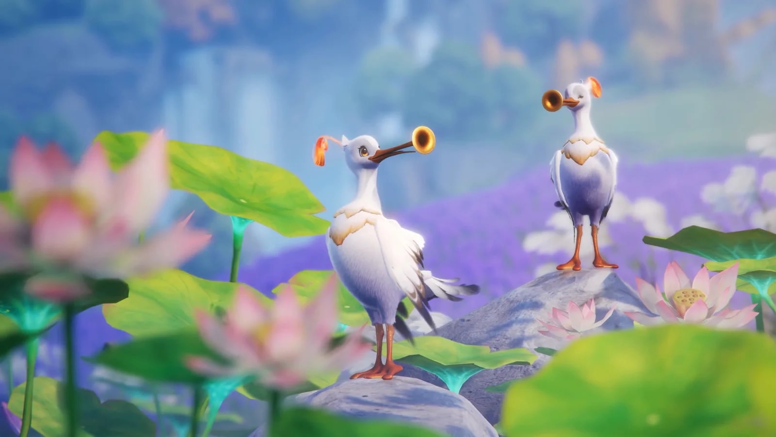 Two trumpet-beaked Aniimo stand on lotus rocks, one calling to the sky and the other watching in silence