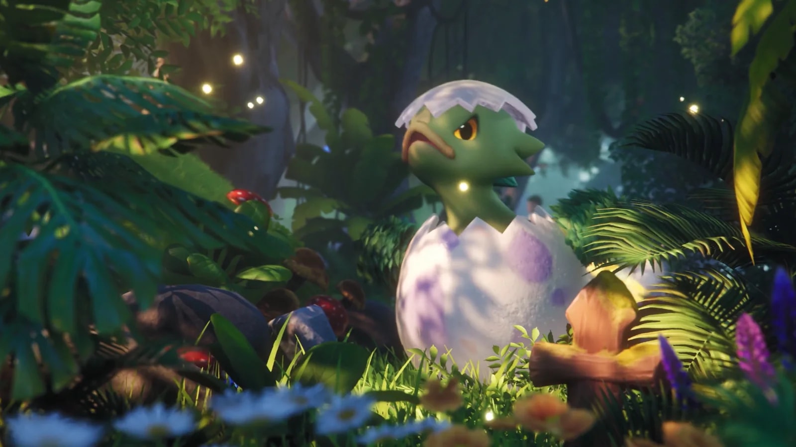 A green Aniimo breaking out of a speckled egg in a sunlit forest glade, its shell still capping its head