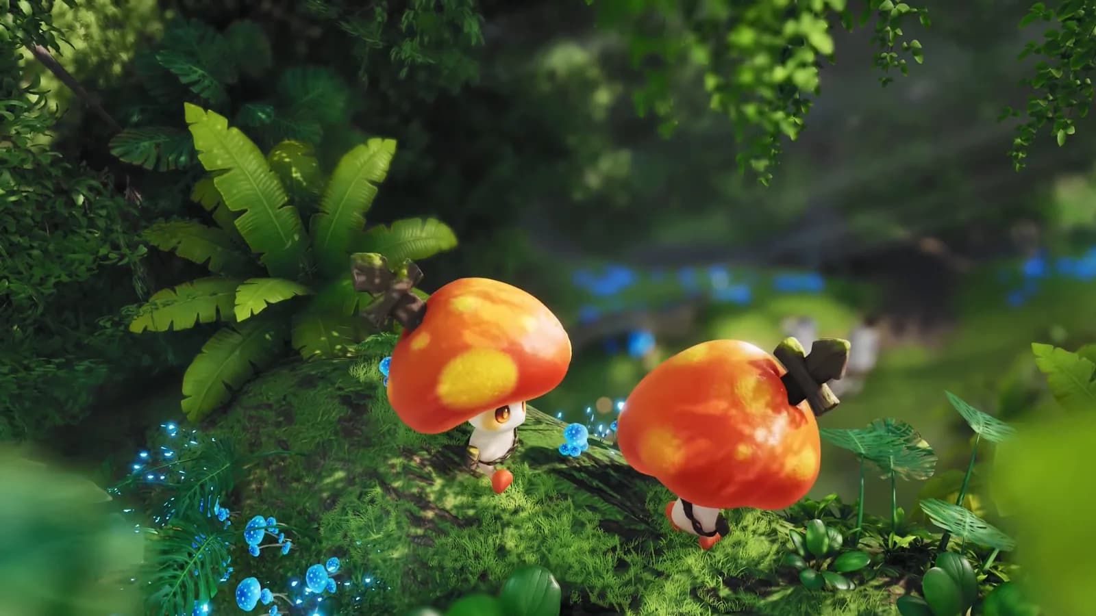 Two mushroom-capped Aniimo standing on a mossy bank in a forest glade lit by blue glowing plants