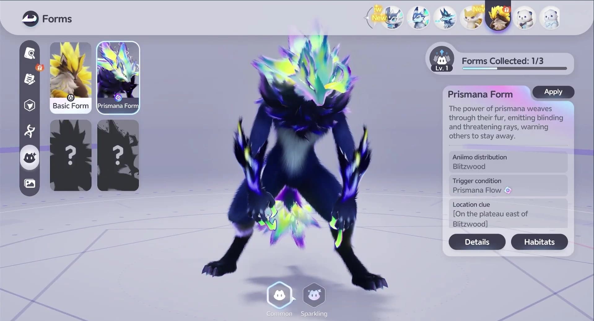 Blazen’s Forms screen showing the Prismana form with its Blitzwood distribution, the Prismana Flow trigger condition and a location clue