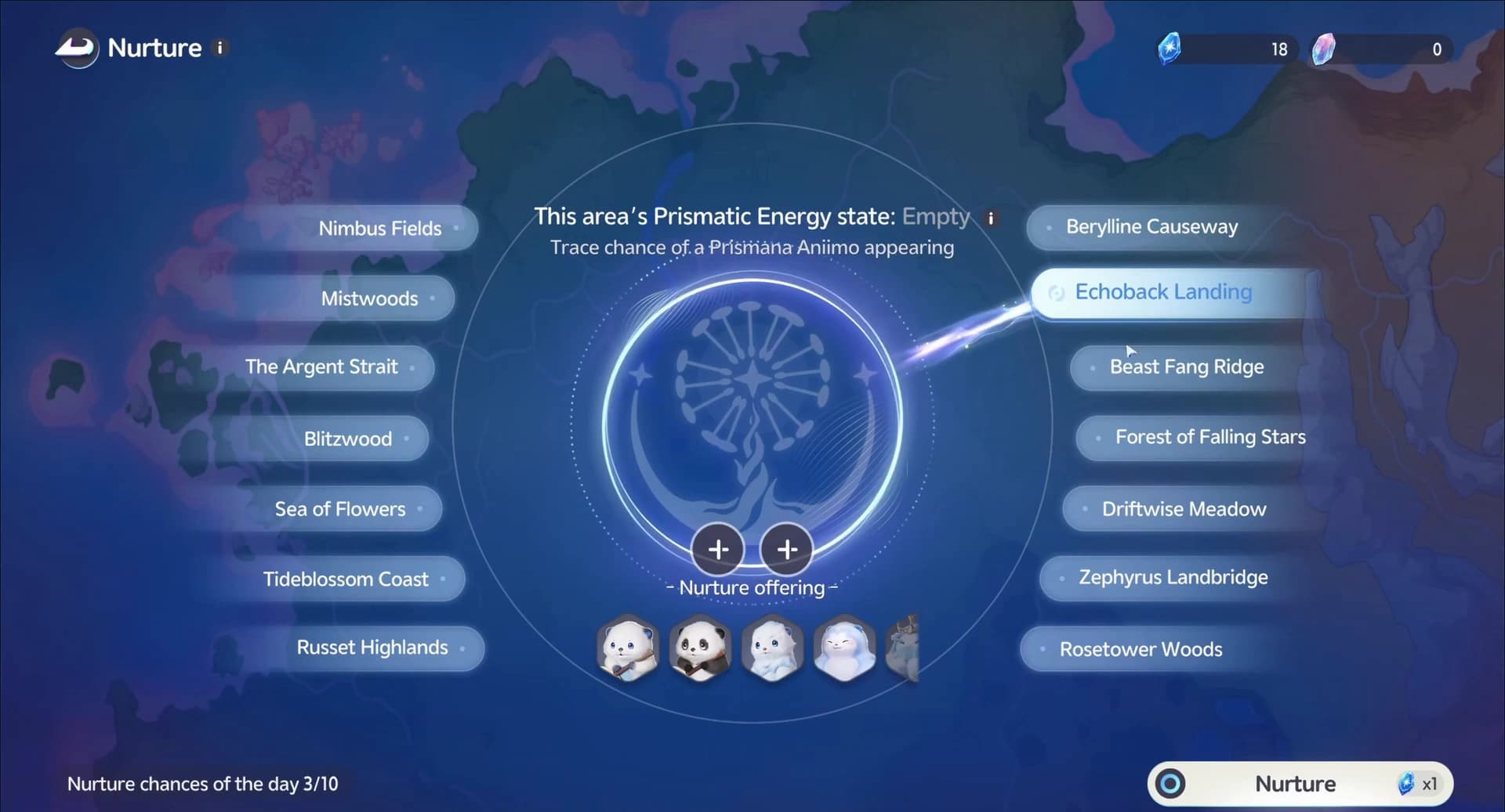 The Nurture screen listing all fourteen Breezy Plains areas beside the selected area’s Prismatic Energy state