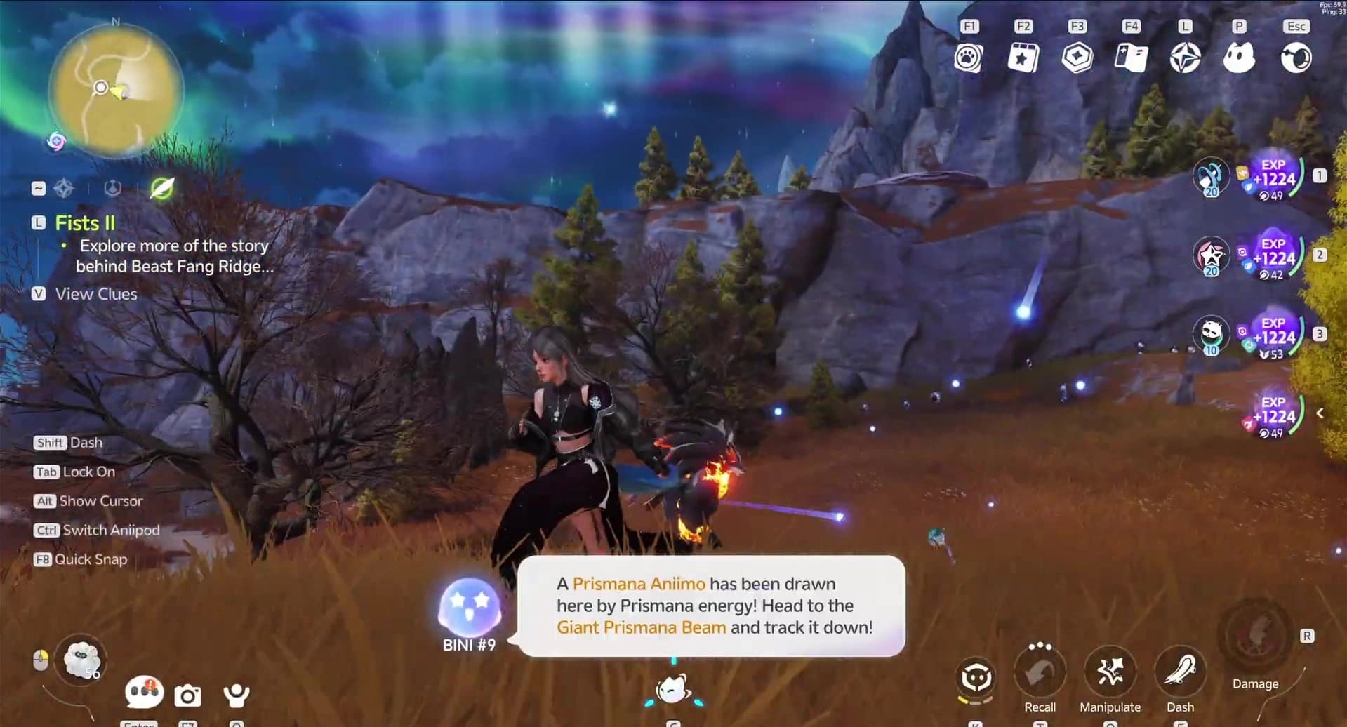 An aurora sky over Beast Fang Ridge with a prompt saying a Prismana Aniimo has been drawn here by Prismana energy