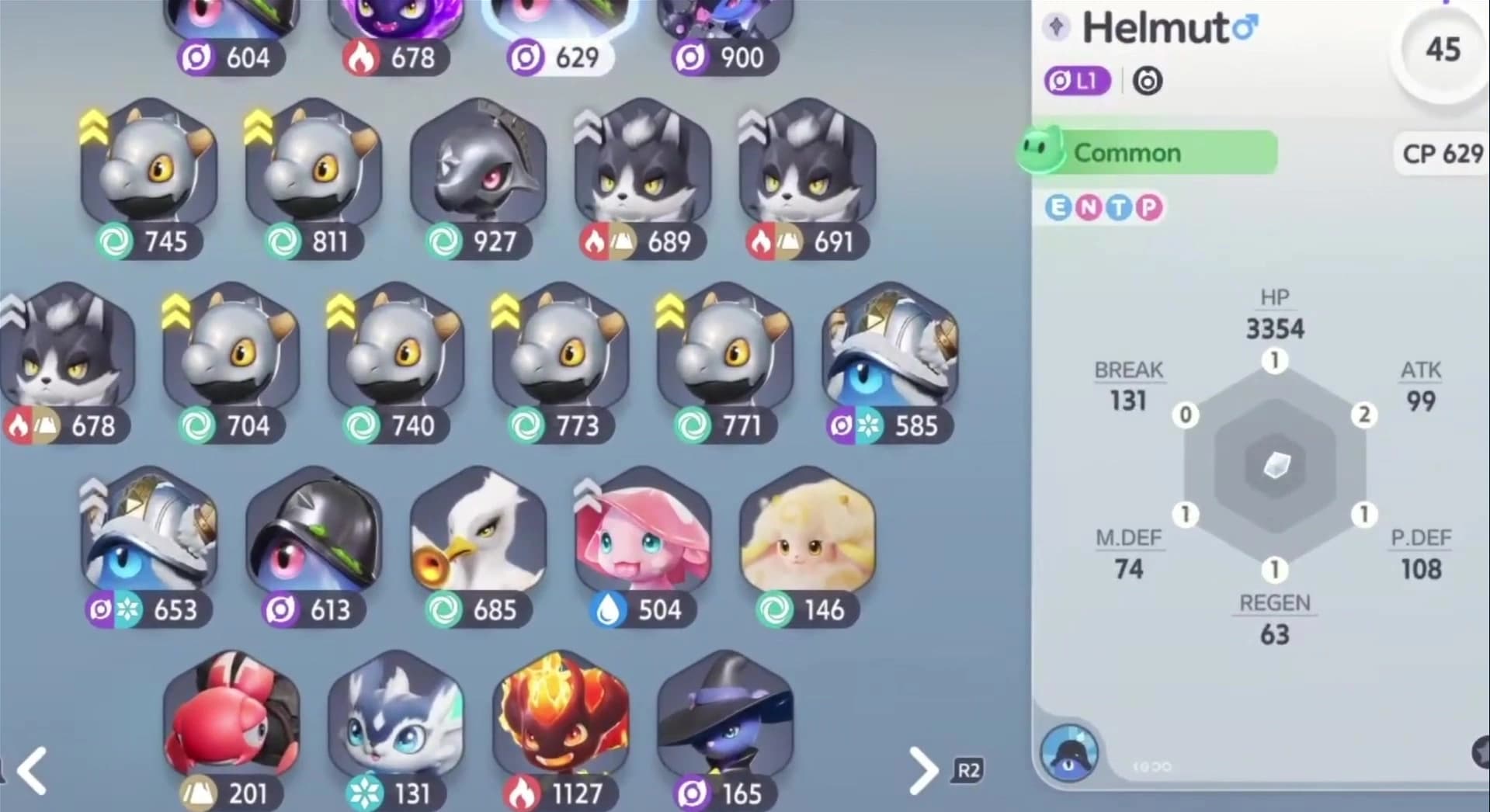 Collection screen with a Common-rated Helmuto whose six Innate Potential values read 1, 2, 1, 1, 1 and 0