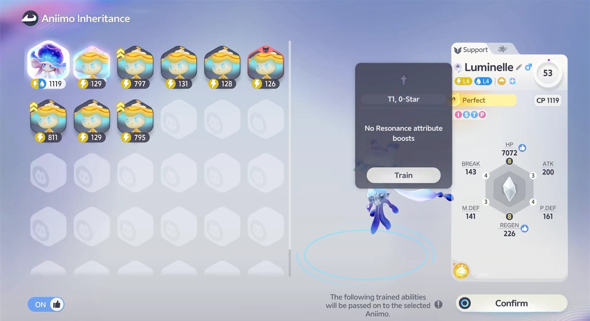 Aniimo Inheritance screen with a Perfect Luminelle selected and a note that trained abilities pass to the chosen Aniimo