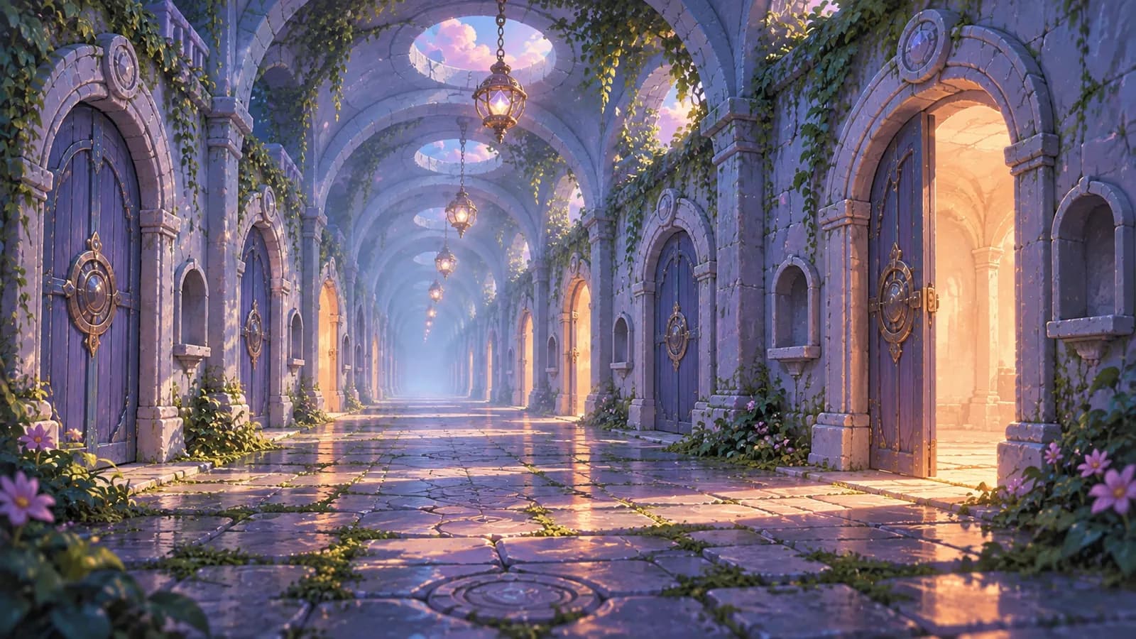 A long stone gallery of identical arched doorways receding into mist, a few open onto lit interiors and the rest shut, each with a small empty niche cut beside it