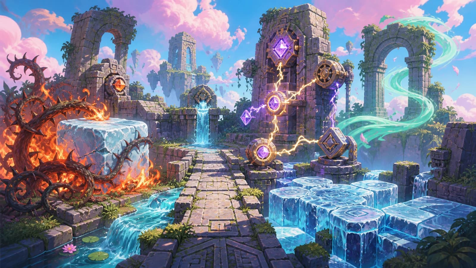 Original ancient puzzle landscape with burning brambles, flowing water, frozen platforms, powered circuits and a rising wind path