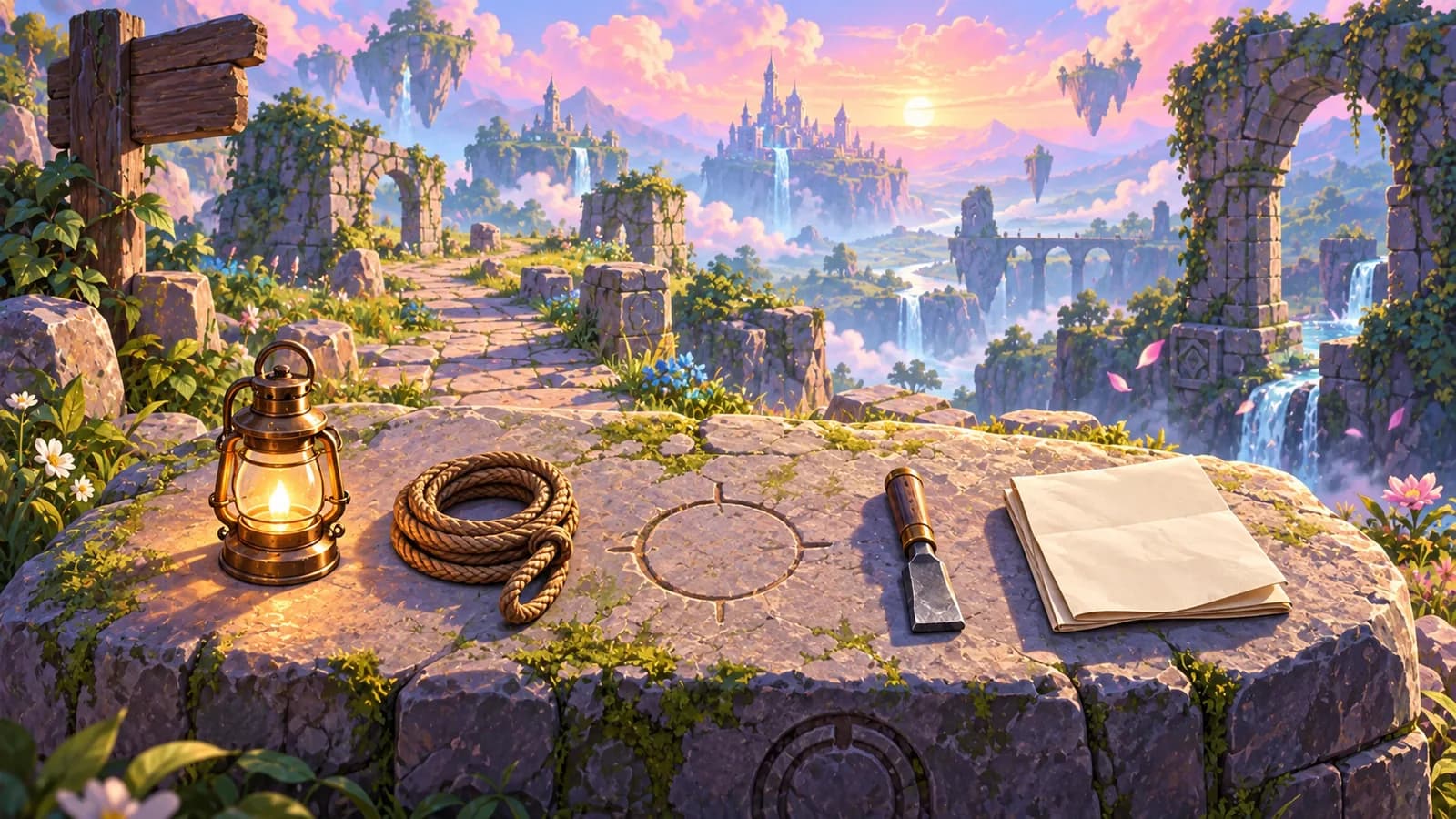 A flat trailhead stone at dawn holding a lantern, a coiled rope, a chisel and a folded chart set out in a row with one empty gap in the row