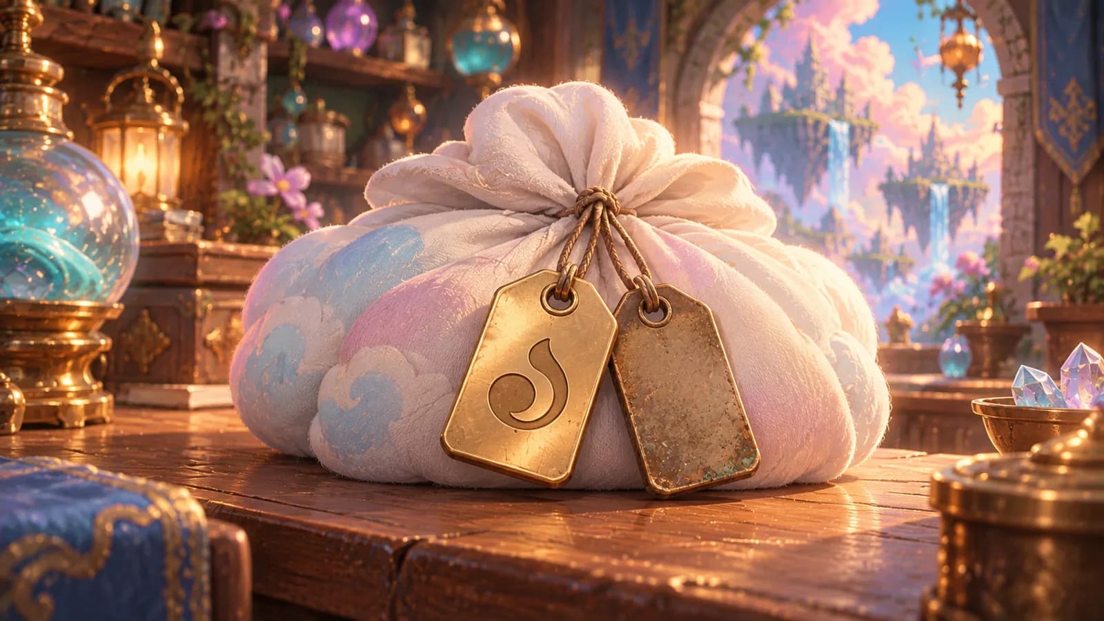 A pale cloud-shaped bundle on a wooden counter with two brass luggage tags on one loop of string, one newly inked and one worn nearly blank