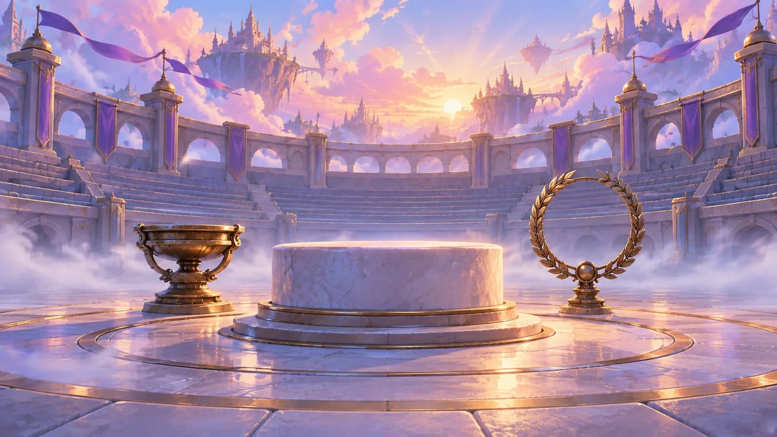 An uncarved stone plinth in an empty arena at first light beside an unlit brazier