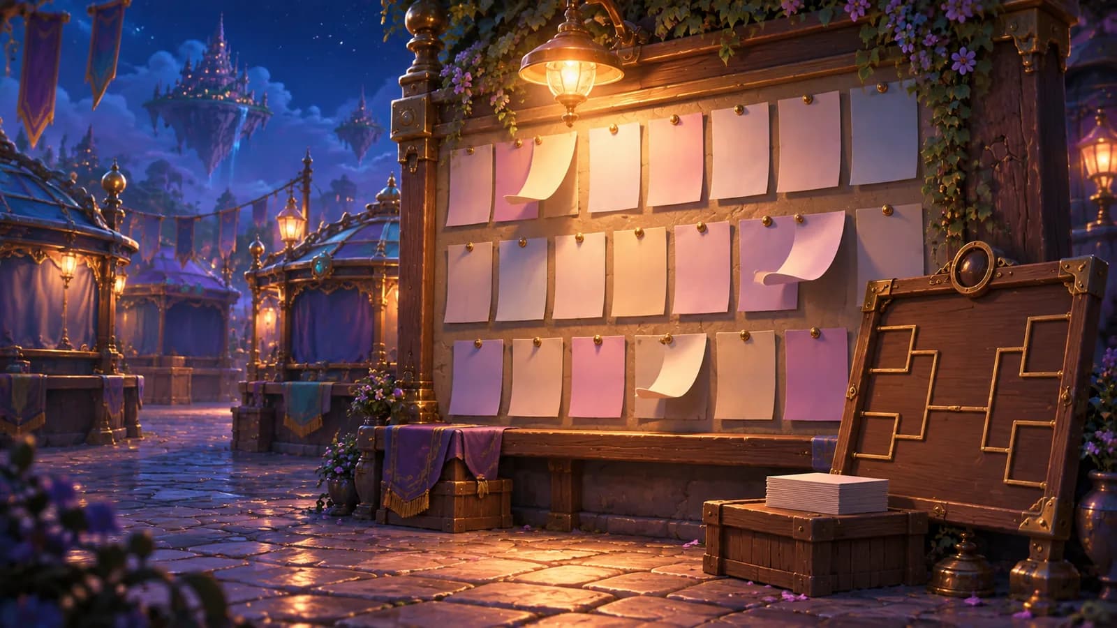 A lamplit notice wall of blank unmarked papers with an empty frame leaning unused beside it