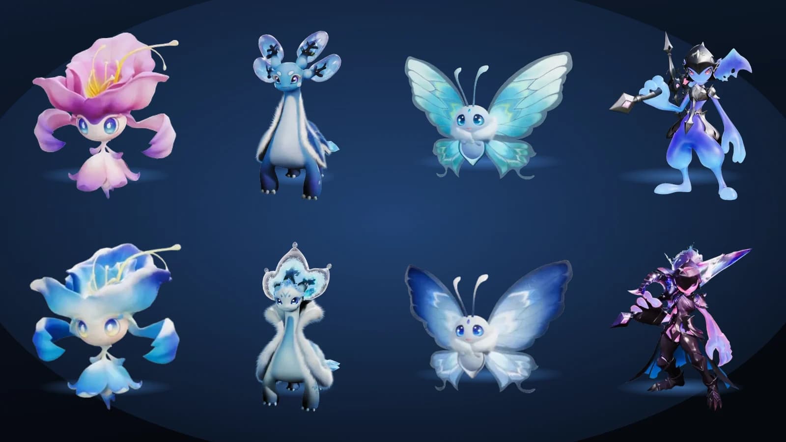 Iris, Glacy, Flutternym and Pawney in basic form above a region, weather, night and Umbrabow form of each