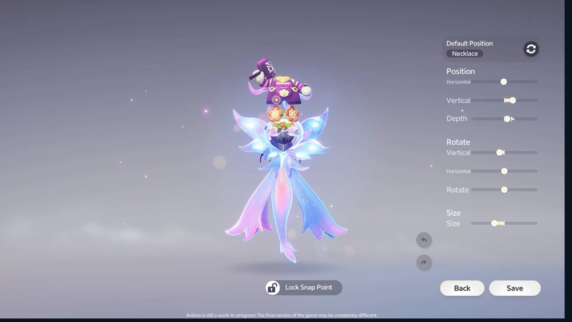 Accessory editor on Malevsera with position, rotation, size, and Save controls