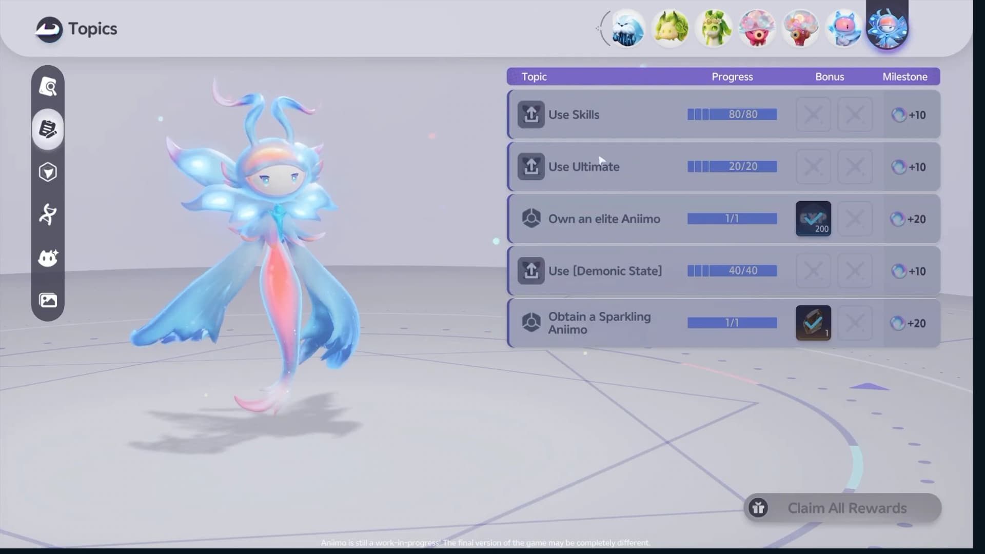 Malevsera Topics page with all five Research objectives completed and their milestone rewards shown