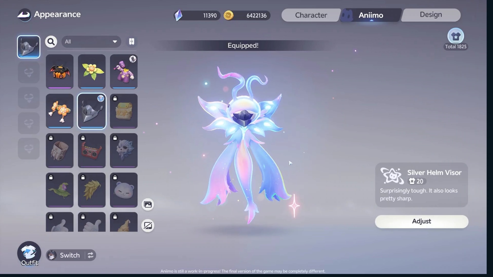 Malevsera wearing a Silver Helm Visor in the Appearance menu, with the Adjust control visible