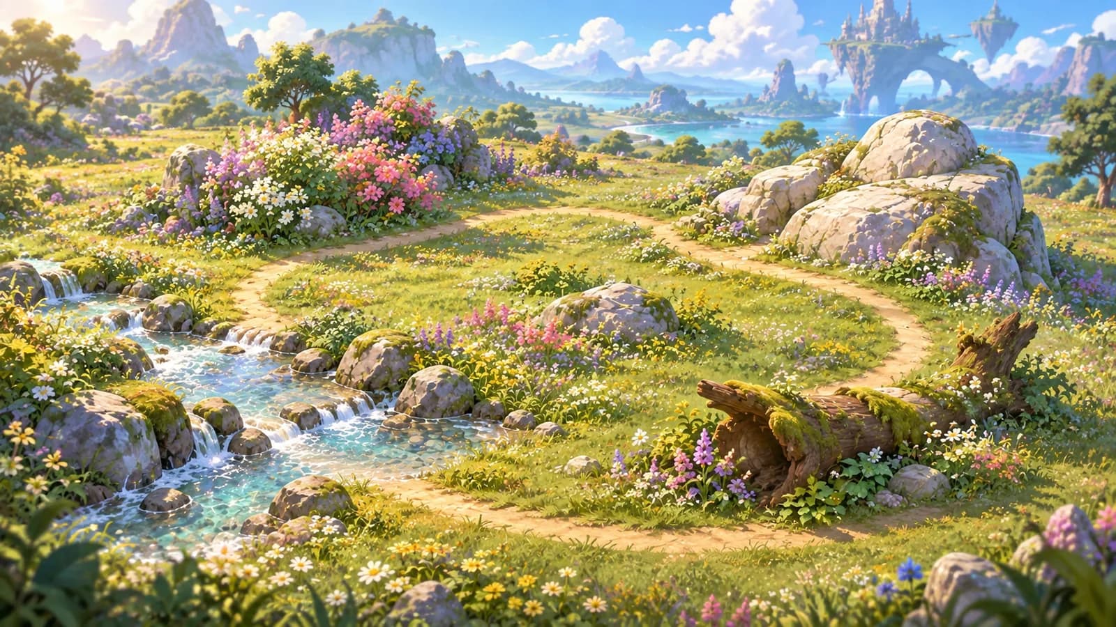 A single walked loop through a meadow passing a ford, flowering brush, a stone outcrop and a fallen trunk without doubling back