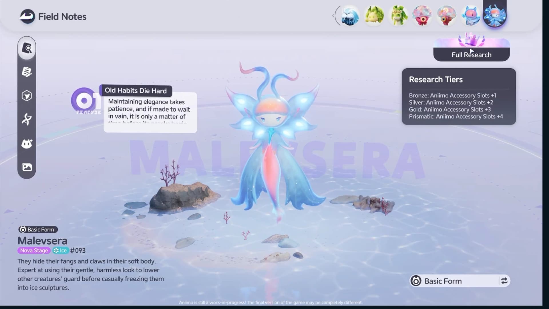Malevsera Field Notes with the Research Tiers panel listing Bronze through Prismatic accessory slot rewards