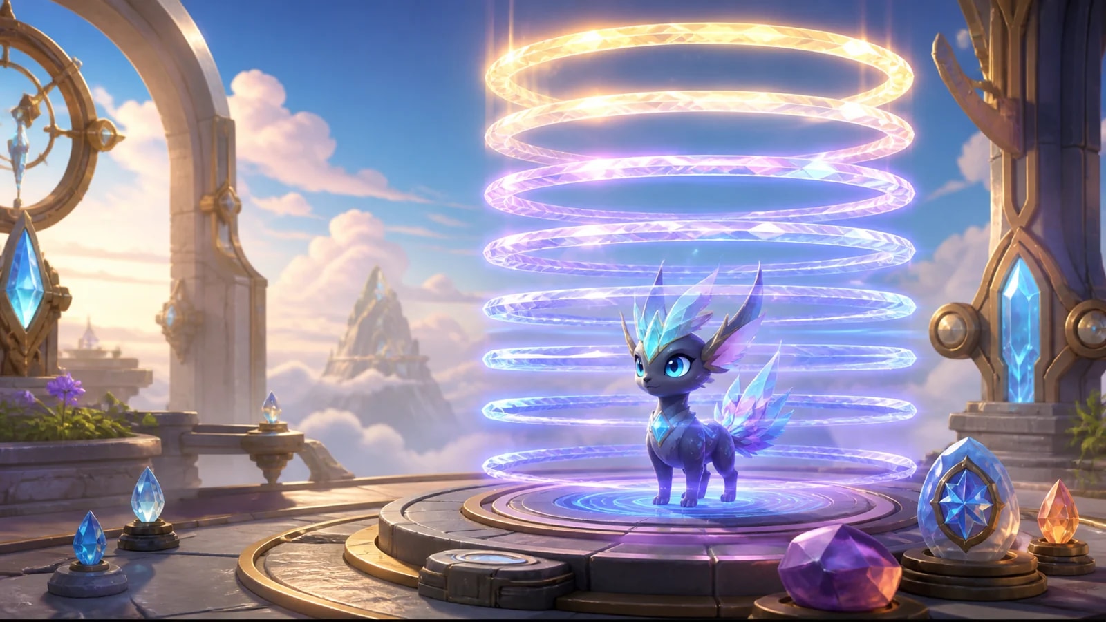 Original crystal creature standing beneath seven luminous resonance rings in a cloud-top training sanctuary