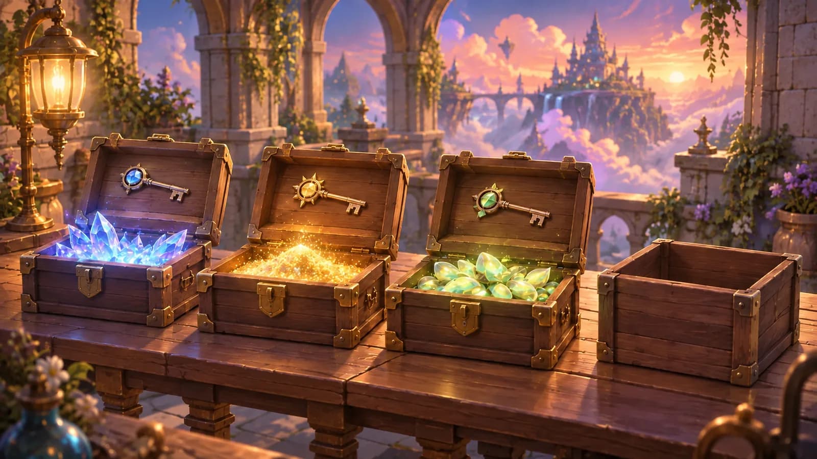 Three open strongboxes on a long table at evening, each holding a different material with its own key on the lid, beside one empty crate