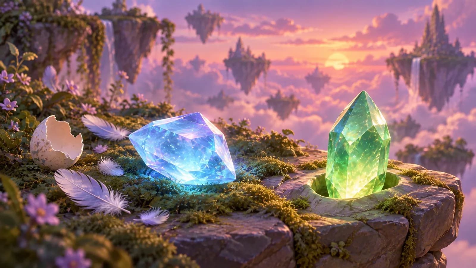 Two crystals on a mossy ledge at dusk, a pale blue one lying loose beside shed feathers and a broken shell, and a green one set into a carved socket that fits it