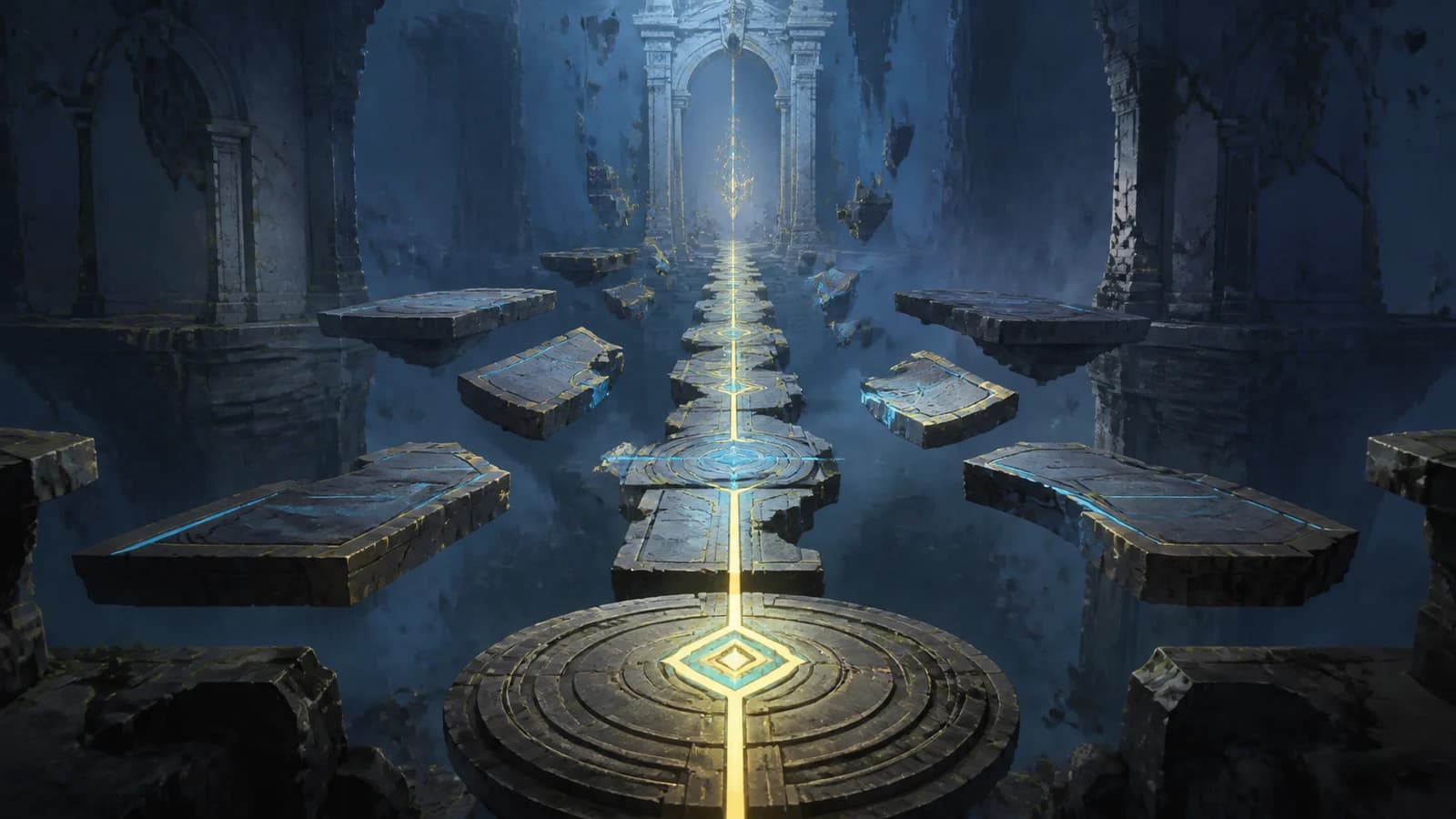 Original stone Sanctum chamber with suspended rails and a glowing route through tall ruins