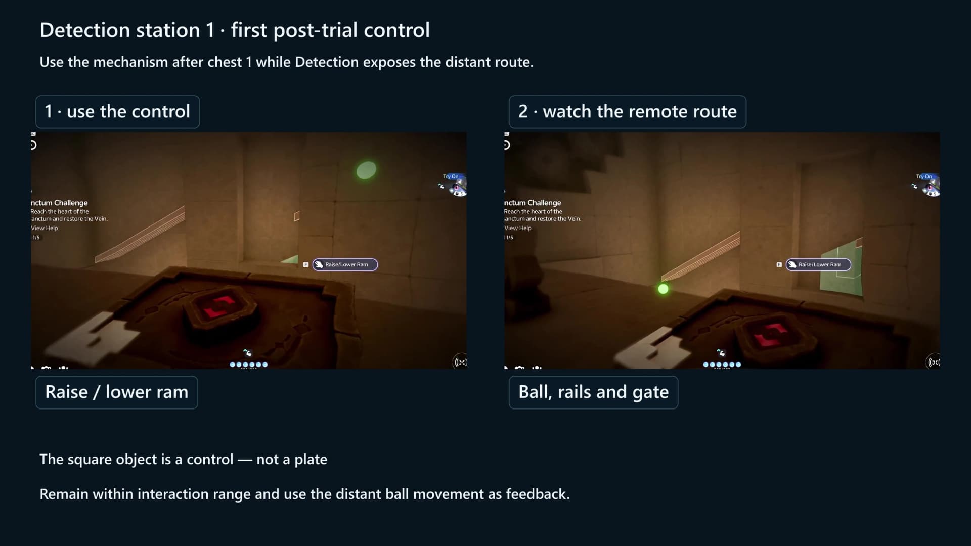 Paired panels showing the first post-trial control and its revealed green ball route in Detection