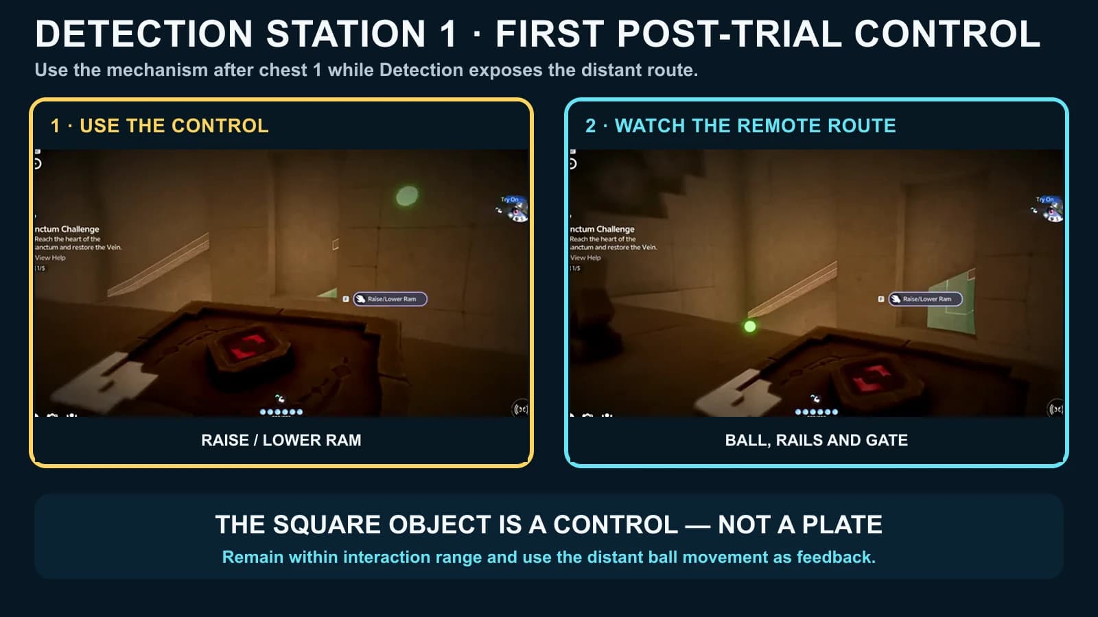 Paired panels showing the first post-trial control and its revealed green ball route in Detection