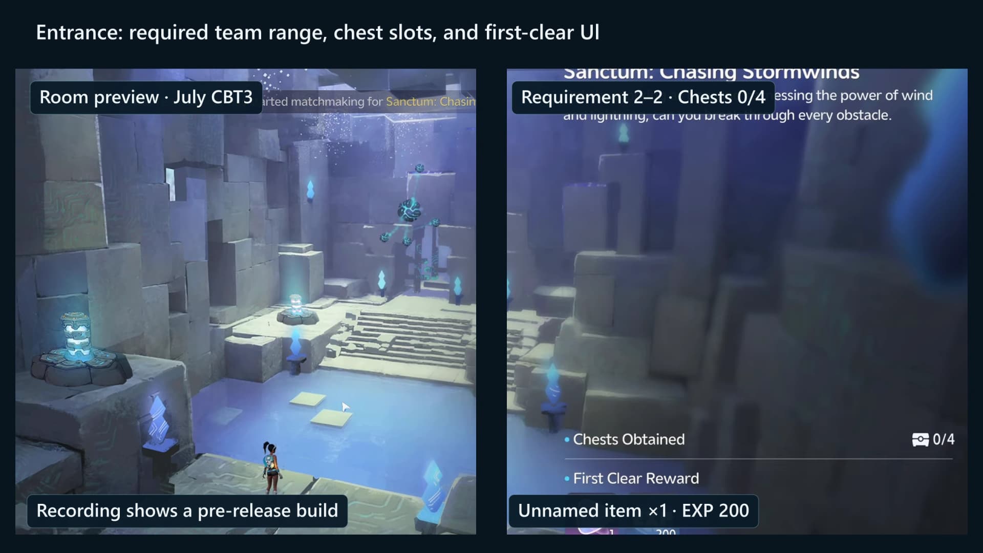 Lightning Gale entrance UI showing a two-to-two challenger requirement, the chest icon at zero of four and the first-clear reward panel
